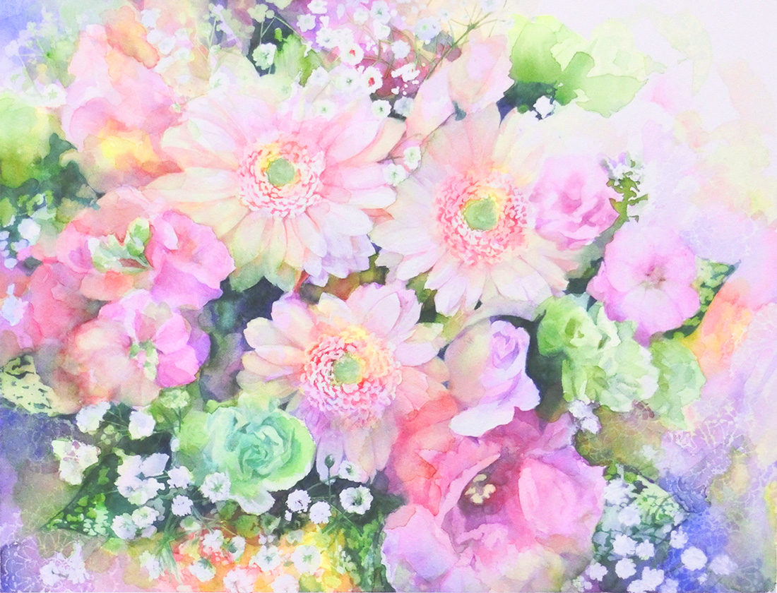 水彩画_ピンクの花の絵（水彩イラスト・絵・Watercolor painting）