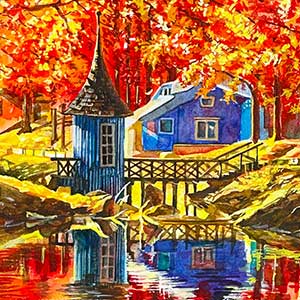 水彩画-秋の風景-秋のリフレクト