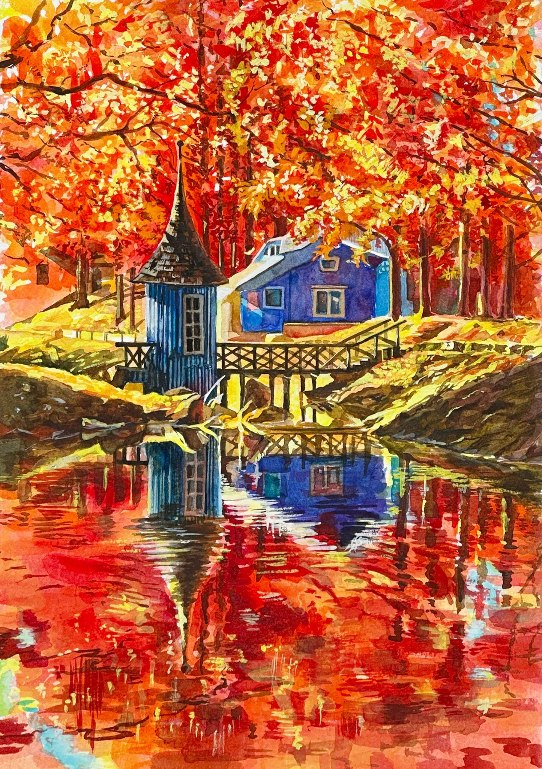 水彩画-秋の風景-秋のリフレクト-B4サイズ原画